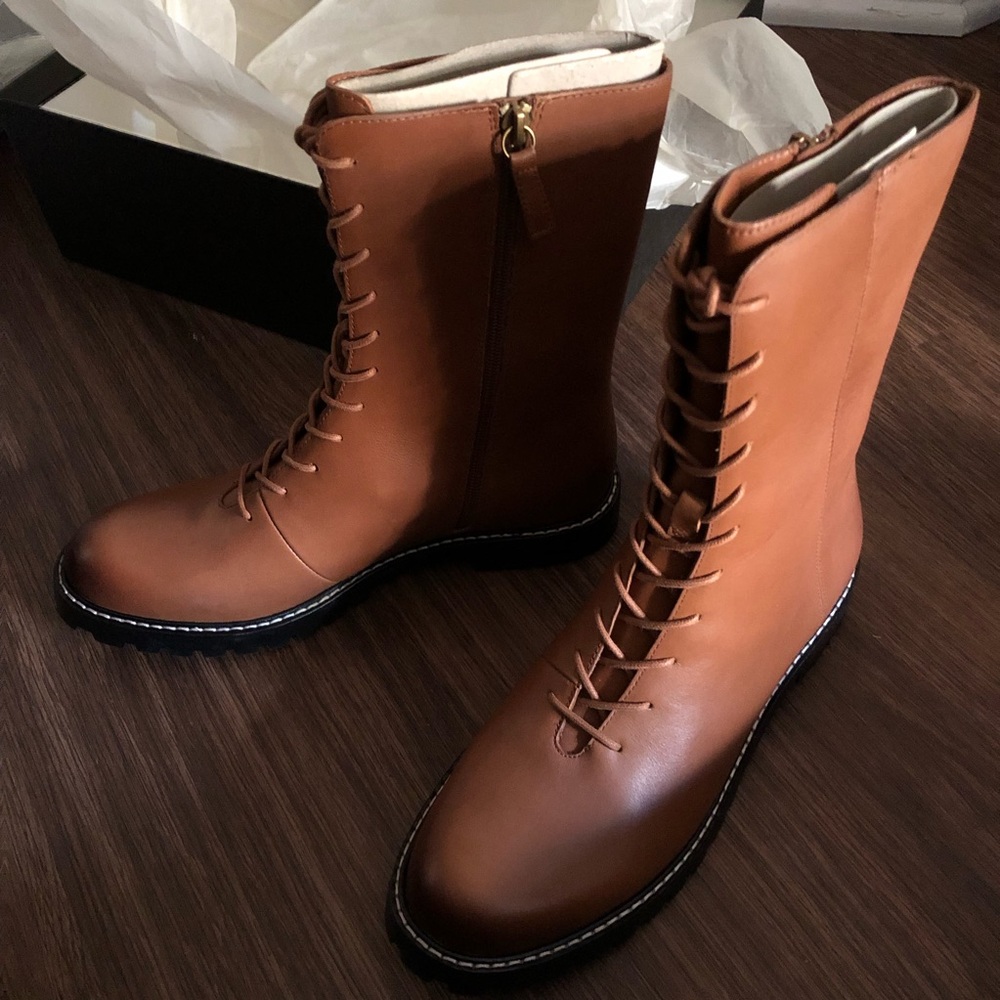 J CREW | Rich Oak Gwen Lug-Sole Leather Lace-Up Tall Shaft Boots | Size 9.5 - Picture 6 of 15